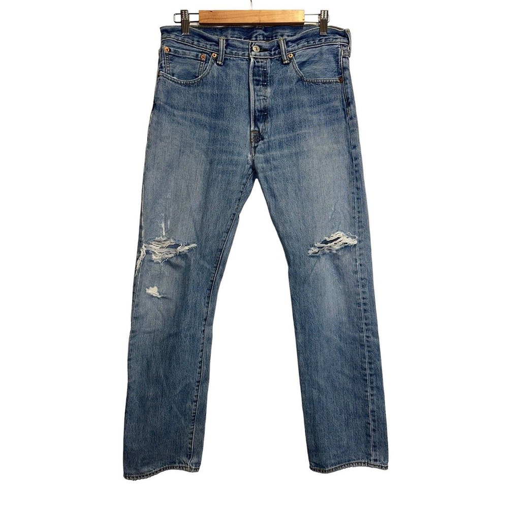 Levi's 501 Men Jeans 33x32 Denim Straight Button Fly Distressed Light Wash‎